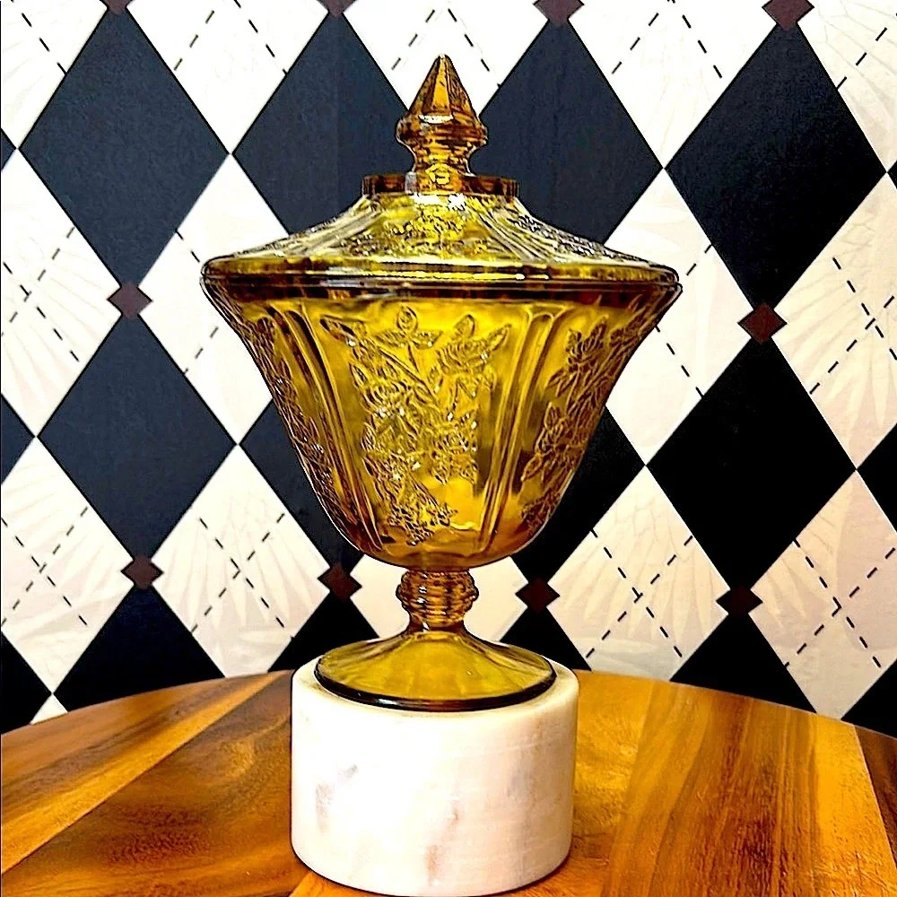 Vintage Federal Glass “Cabbage Rose” Amber Lidded Jar – Depression Glass Style - Picture 3 of 12